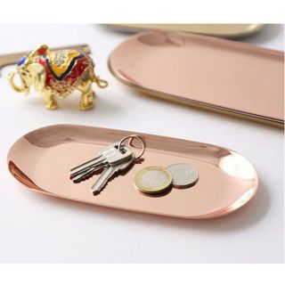 【新品】高級ステンレス　小判型トレー 小物置き 食器【ピンクゴールド：Sサイズ】(食器)