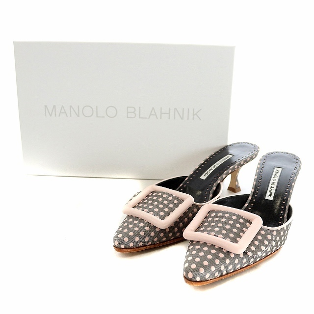 MANOLO BLAHNIK(マノロブラニク)のマノロブラニク メイセール ミュール キャンバス 25 ドット グレー ピンク レディースの靴/シューズ(ハイヒール/パンプス)の商品写真