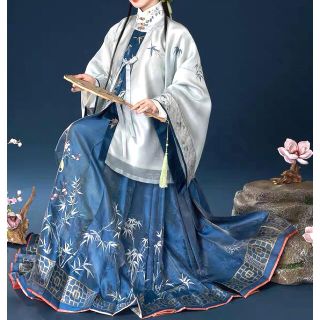 フリフ(ふりふ)の竹枝唄　青赤色ロングスカート　刺繍馬面裙 漢服　着物和服　中国伝統衣装　成人式(ロングスカート)