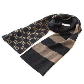 グッチ(Gucci)のグッチ マフラー ストール GG柄 ボーダー イタリア製 黒 茶(マフラー/ショール)