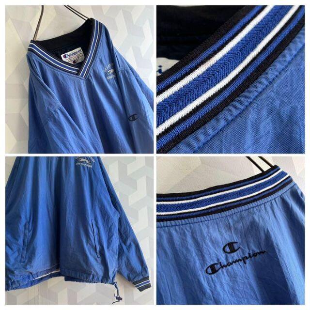 【希少90sチャンピオン】XL NFL刺繍ロゴナイロンプルオーバーゲームシャツ青