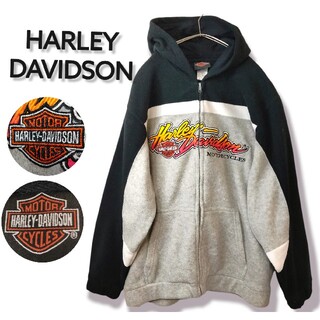 ハーレーダビッドソン(Harley Davidson)のハーレーダビッドソン　フリース　パーカー　フーディ　ゆるだぼ　ブラック　グレー(パーカー)