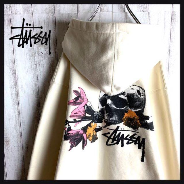 【美品】stussy スカルプリント スウェット クロスロゴ ブラック XL