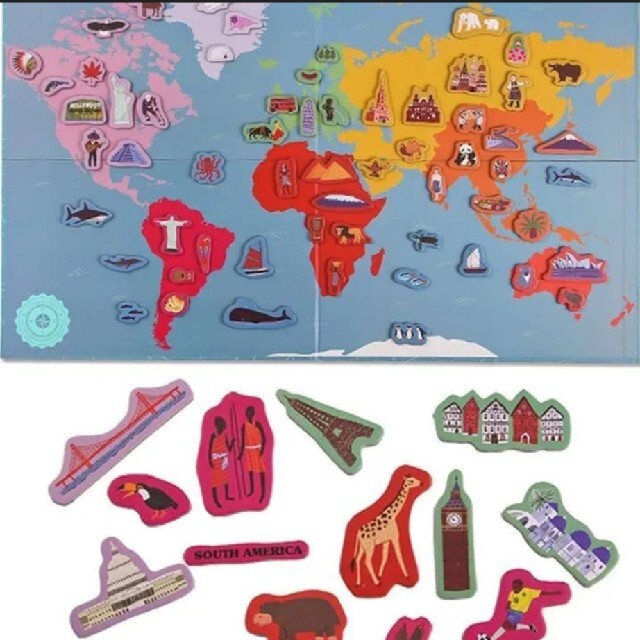 世界地図　ワールドマップ　パズル　マグネット　人　建物　世界遺産　動物　知育玩具 キッズ/ベビー/マタニティのおもちゃ(知育玩具)の商品写真