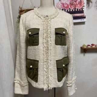 極美品✨インゲボルグ　ノーカラーツイードジャケット　裏地花柄　パール　アイボリー