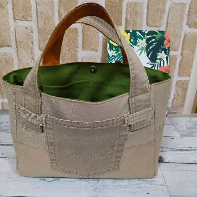 ハンドメイドカラーPANTSリメイクトートバック。 1