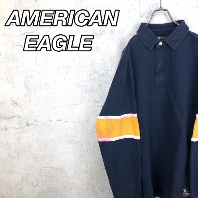 American Eagle(アメリカンイーグル)の希少 90s アメリカンイーグル ポロシャツ タグロゴ ビッグシルエット 紺色 メンズのトップス(ポロシャツ)の商品写真