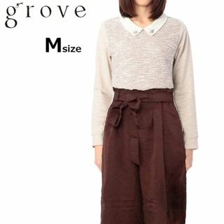 グローブ(grove)のグローブ/春 裾切り替えシフォン ラメ ビジュー衿付き カットソー ベージュ M(カットソー(長袖/七分))