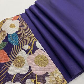 袋帯 振袖 用 紫 金 花柄 帯 成人式 中古 Ｏ-45