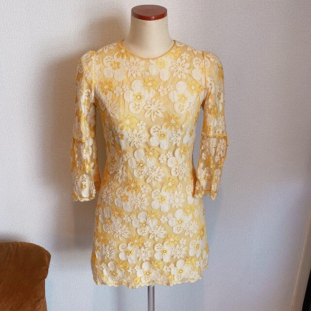 ヴィンテージ 60s 70s 花柄 ドレス ワンピース 黄色 イエロー  レディースのワンピース(ミニワンピース)の商品写真