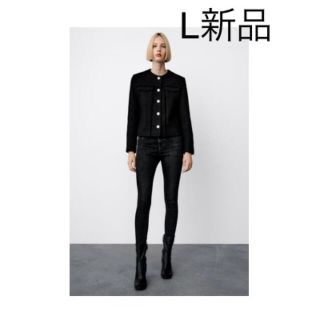 ザラ(ZARA)の完売☆新品☆ザラクロップド丈テクスチャー入りゴールドボタンブレザーLブラック(テーラードジャケット)