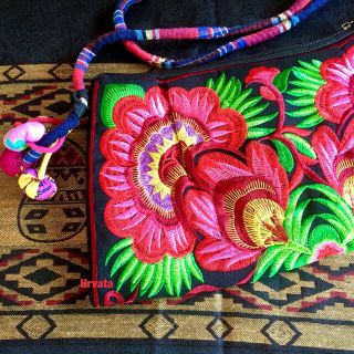 新品 刺繍 エスニック クラッチ ショルダーバッグ ポーチ アジアン(ピンク花)