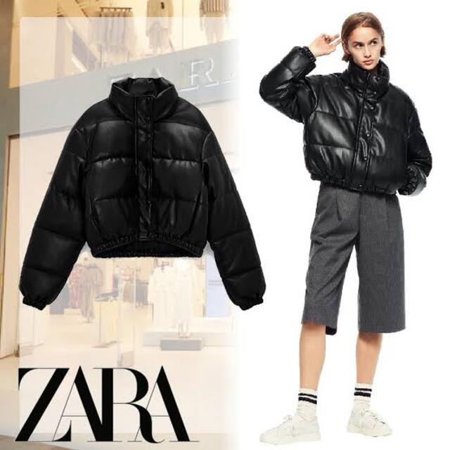 ZARA フェイクレザーパフジャケット ダウン　フェイクレザーダウン