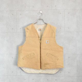 90s Carhartt ダックベスト ベージュ 裏ボア ワンポイント ワーク(ダウンベスト)