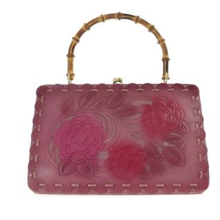 アナスイ(ANNA SUI)のアナスイ バンブーハンドル ハンドバッグ がま口 花柄 レザー 紫 ピンク(ハンドバッグ)