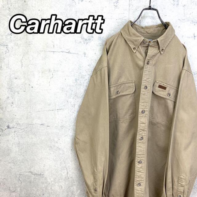 carhartt(カーハート)の希少 90s カーハート ワークシャツ レザータグ ビッグシルエット ベージュ メンズのトップス(シャツ)の商品写真