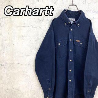 カーハート(carhartt)の希少 90s カーハート ワークシャツ レザータグ ビッグシルエット 紺 美品.(シャツ)