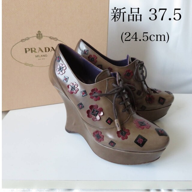 新品 PRADA 極レア フラワーモチーフ ブーティーパンプス ウェッジ37.5