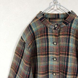 ナチュラルヴィンテージ(natuRAL vintage)のノーカラージャケット カーディガン チェック ウール 飾りボタン ヴィンテージ(ノーカラージャケット)