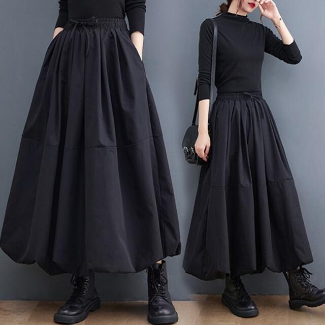 ～3L ウエストゴムバルーンロングスカート黒 レディースのスカート(ロングスカート)の商品写真