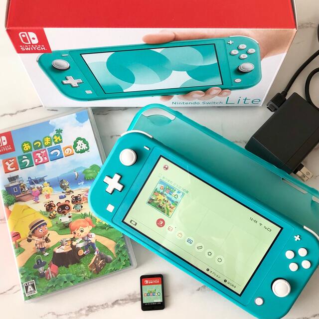 任天堂スイッチライトターコイズ(本体カバー、画面フィルム)どうぶつの森ソフト