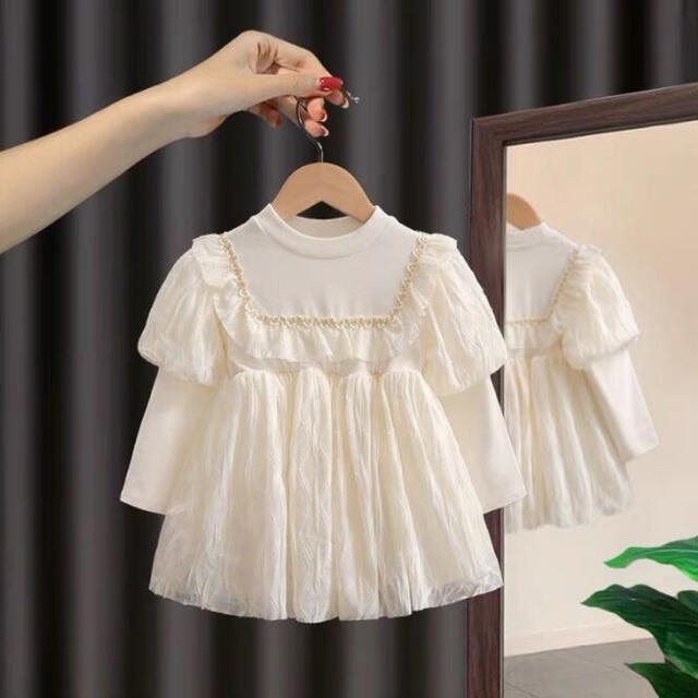 SALE 韓国子供服　可愛いラメチュールワンピース　ホワイト100 キッズ/ベビー/マタニティのキッズ服女の子用(90cm~)(ワンピース)の商品写真