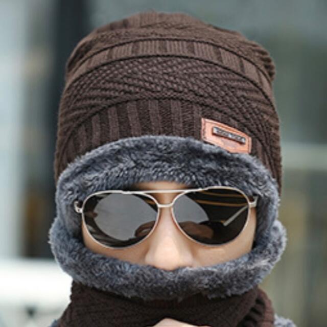 防寒対策　2点セット　男女兼用　ニット帽ネックウォーマー　スキースノボーブラウン メンズの帽子(ニット帽/ビーニー)の商品写真