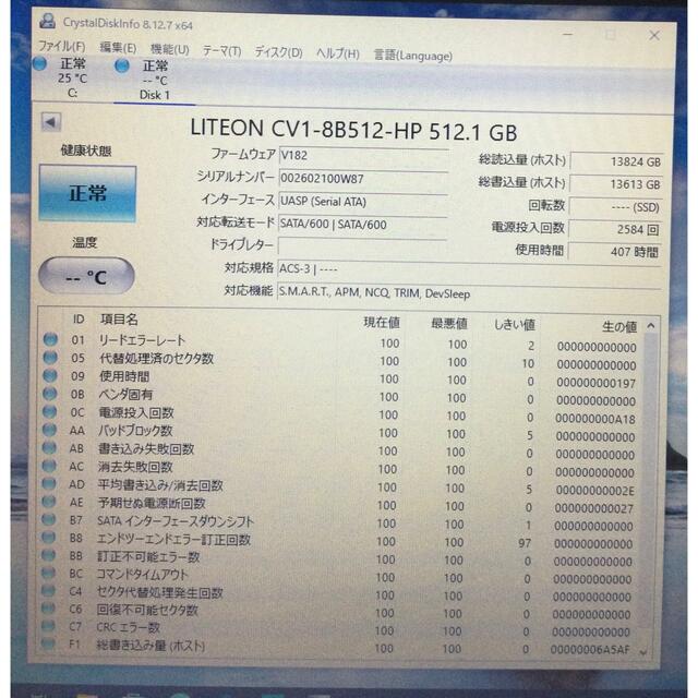 Lite-onSSD M.2 2280 512GB 使用時間407h 2