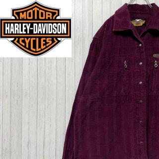 ハーレーダビッドソン(Harley Davidson)のハーレーダビッドソン　コーデュロイシャツ　パープル　革ロゴ　スナップボタン　L(シャツ)