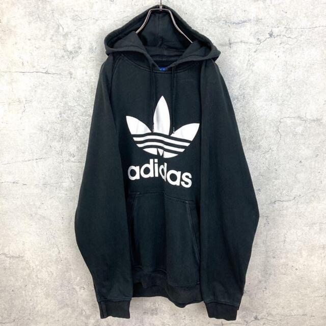 希少 90s アディダス パーカー ビッグシルエット プリントロゴ 黒色 XXL