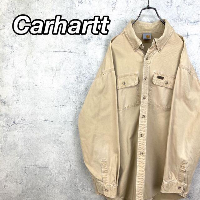 carhartt(カーハート)の希少 90s カーハート ワークシャツ レザーロゴ ビッグシルエット ベージュ メンズのトップス(シャツ)の商品写真