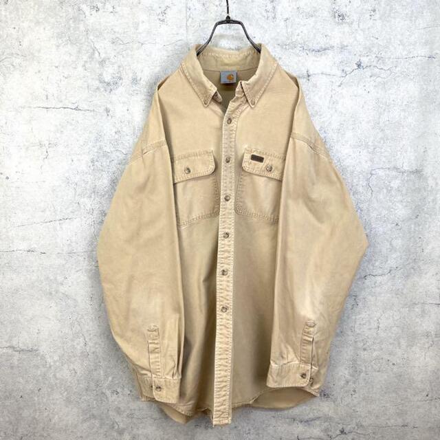 carhartt(カーハート)の希少 90s カーハート ワークシャツ レザーロゴ ビッグシルエット ベージュ メンズのトップス(シャツ)の商品写真