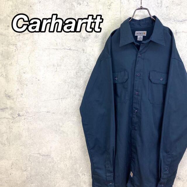 carhartt(カーハート)の希少 90s カーハート ワークシャツ タグロゴ ビッグシルエット 紺 メンズのトップス(シャツ)の商品写真