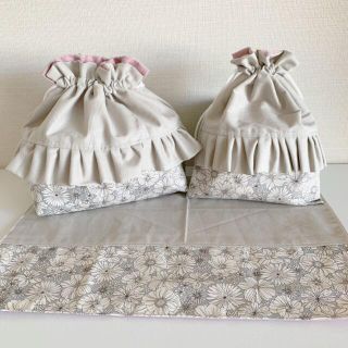 kbt様専用ハンドメイド◆グレー花柄×くすみピンクランチセット&ランチョンマット(ランチボックス巾着)