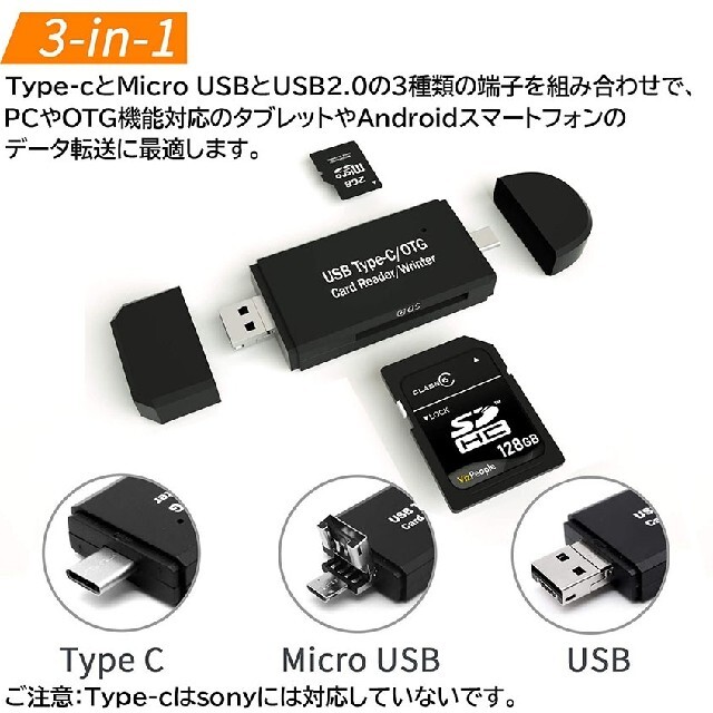 【3in1メモリーカードリーダー】Type-c、Micro SD、USB2.0 スマホ/家電/カメラのPC/タブレット(PC周辺機器)の商品写真