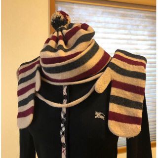 バーバリー(BURBERRY)の美品本物バーバリーBurberry上質ウールボーダー柄ニット帽＆手袋セット♫(ニット帽/ビーニー)