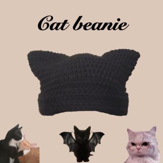 サンタモニカ(Santa Monica)のハンドメイド　猫耳ニット帽　猫耳帽子　クロシェハット　黒猫(帽子)