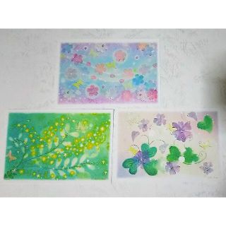 春の3種の花絵葉書　桜・ミモザ・スミレ　パステルアート ポストカード(カード/レター/ラッピング)