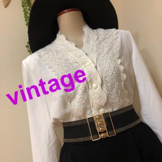 サンタモニカ(Santa Monica)のvintage⭐ブラウス⭐M⭐白⭐レース⭐シャツ⭐長袖⭐上品⭐フォーマル⭐訳あり(シャツ/ブラウス(長袖/七分))