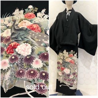 着物リメイク 黒留袖 豪華花鳥 ショート丈羽織 巻きスカート(着物)