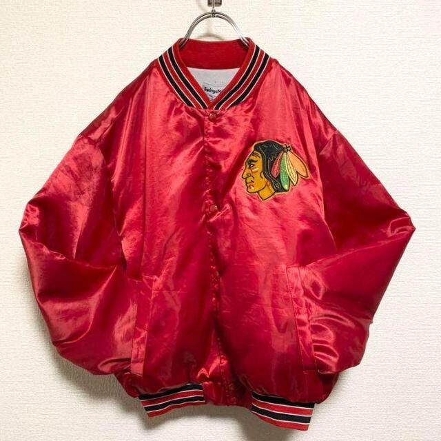 希少90s米国製ナイロンスタジャン】NHL公式品 ブラックホークス US古着