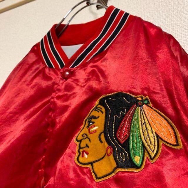 希少90s米国製ナイロンスタジャン】NHL公式品 ブラックホークス US古着