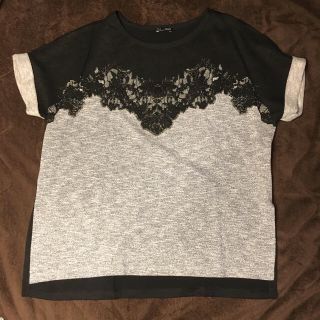 ザラ(ZARA)のZARA レースプリントTシャツ グレー サイズＬ(カットソー(半袖/袖なし))