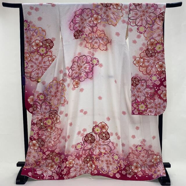 振袖☆正絹☆白 ピンク☆花柄☆絞り☆古典☆裄66.5cm☆成人式☆D-34の
