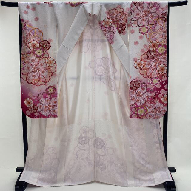 振袖☆正絹☆白 ピンク☆花柄☆絞り☆古典☆裄66.5cm☆成人式☆D-34の