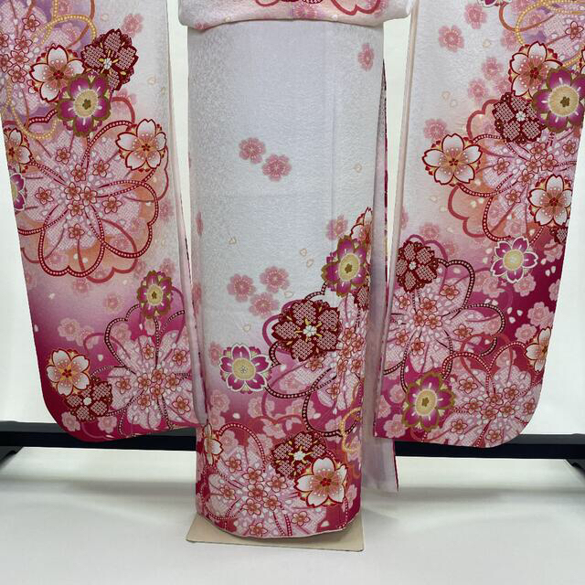 振袖☆正絹☆白 ピンク☆花柄☆絞り☆古典☆裄66.5cm☆成人式☆D-34の