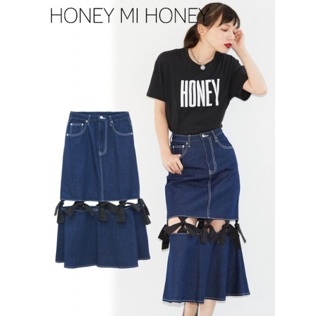 Honey mi Honey(ハニーミーハニー)のHONEY MI HONEY リボン デニムスカート レディースのスカート(ロングスカート)の商品写真