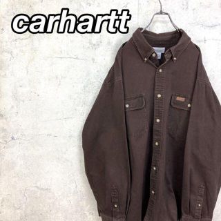 カーハート(carhartt)の希少 90s カーハート ワークシャツ レザーロゴ ビッグシルエット ブラウン(シャツ)