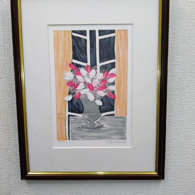 版画　立て　特寸法　赤と白の花　額装仕上げ品