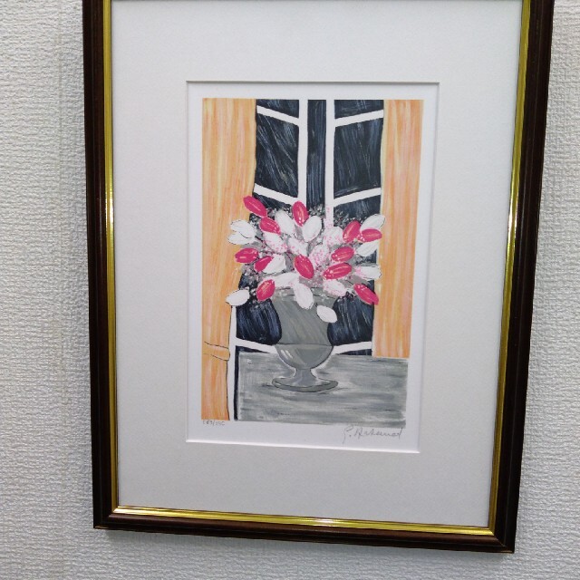 版画　立て　特寸法　赤と白の花　額装仕上げ品 6